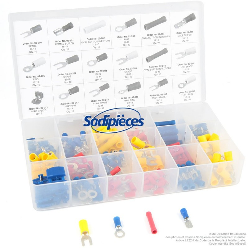 COSSES ET RACCORDS ÉLECTRIQUES. ASSORTIMENT DE 175 COSSES ET RACCORDS EN 18 MODÈLES