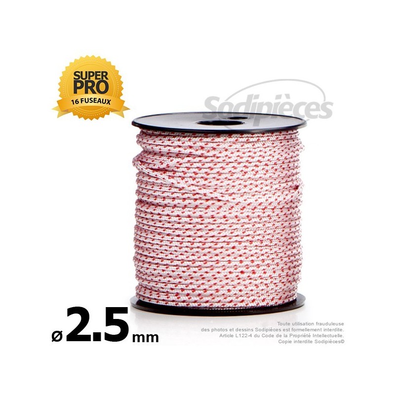 CORDE DE LANCEUR Ø 2,5 MM X 100 M. CORDON 16 FUSEAUX NYLON.