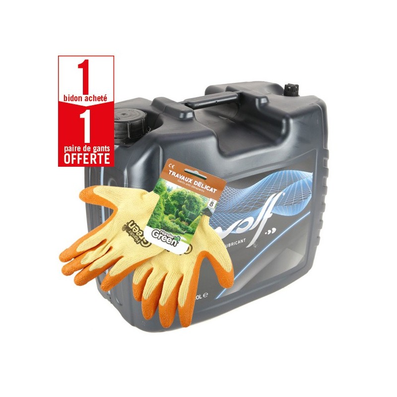 1 BIDON HUILE CHAÎNE AGRIFLOW WOLF, 20 LITRES + 1 PAIRE DE GANTS TRAVAUX DÉLICAT HANDERGREEN OFFERTE