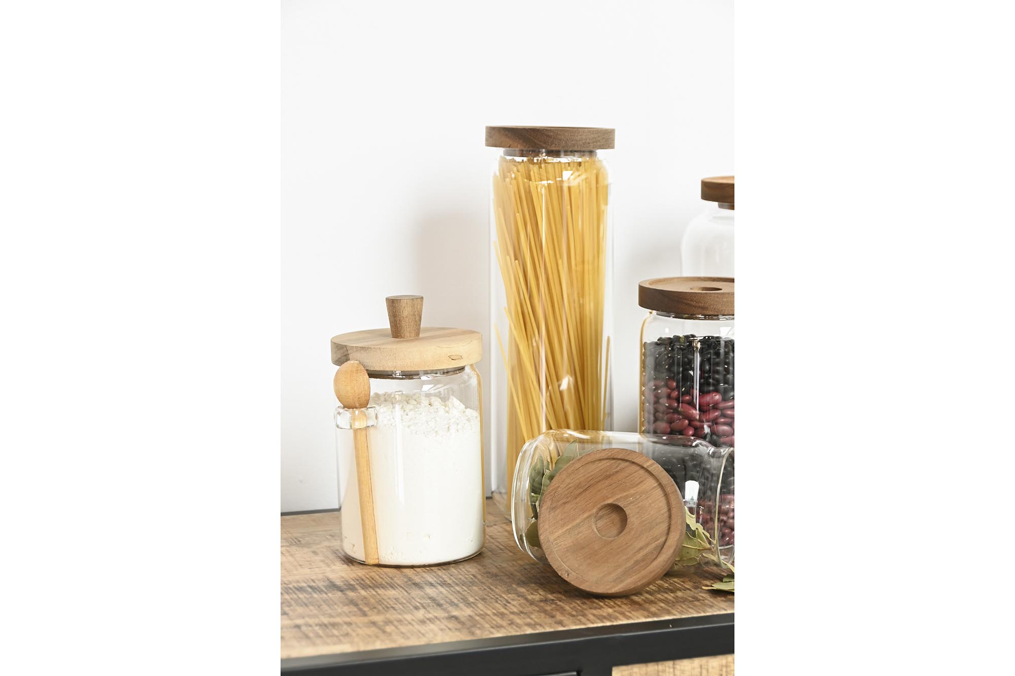 Pot en verre 850ml avec cuillère bois acacia – rangement cuisine pratique et déco