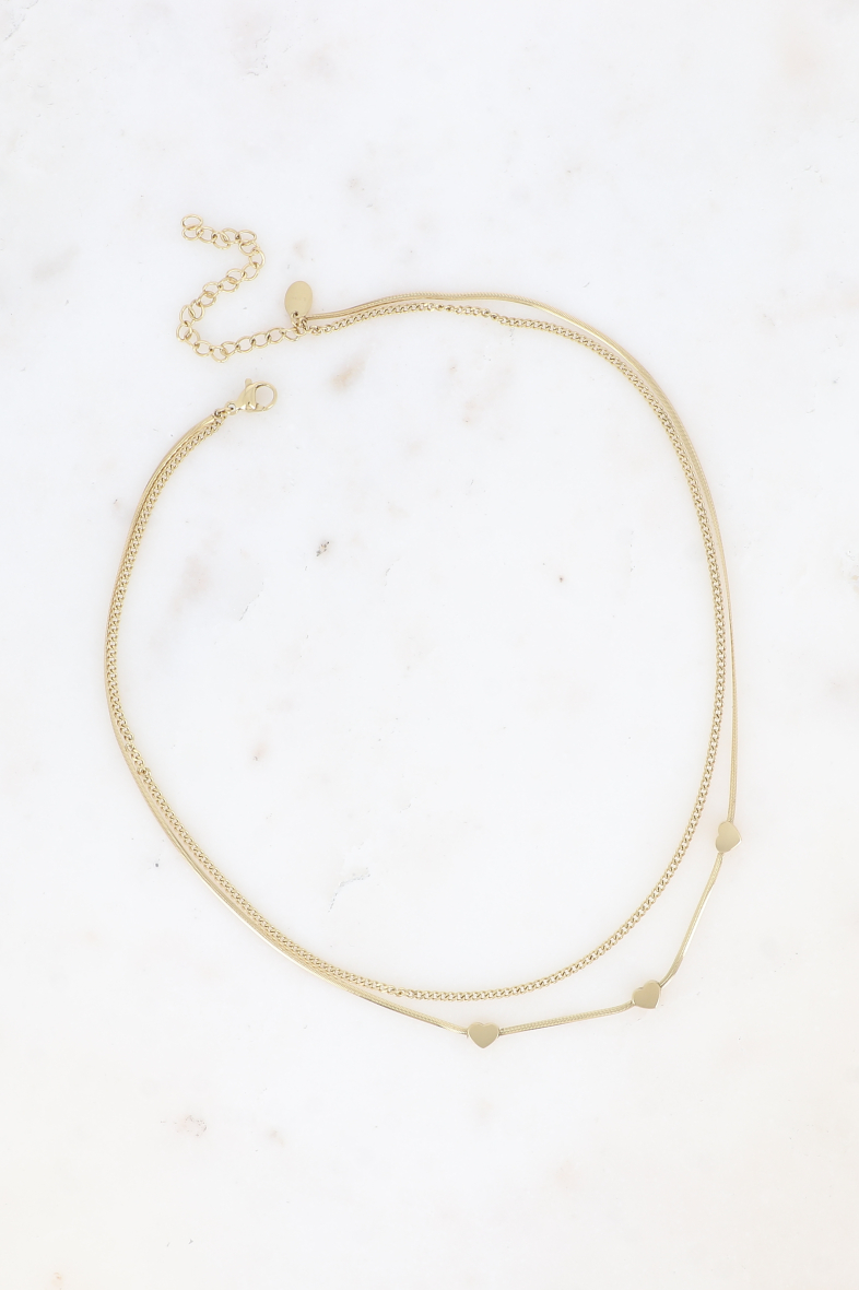 Collier multi-rangs argenté Pola, deux chaînes fines avec cœurs, bijou romantique en acier inoxydable