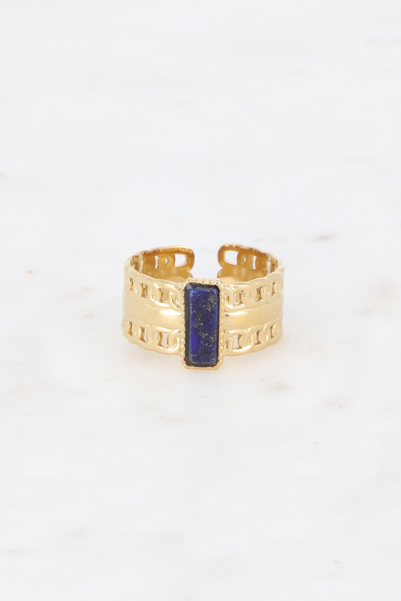 Bague Judith dorée avec maille texturée et pierre naturelle rectangulaire, bijou ajustable chic et tendance