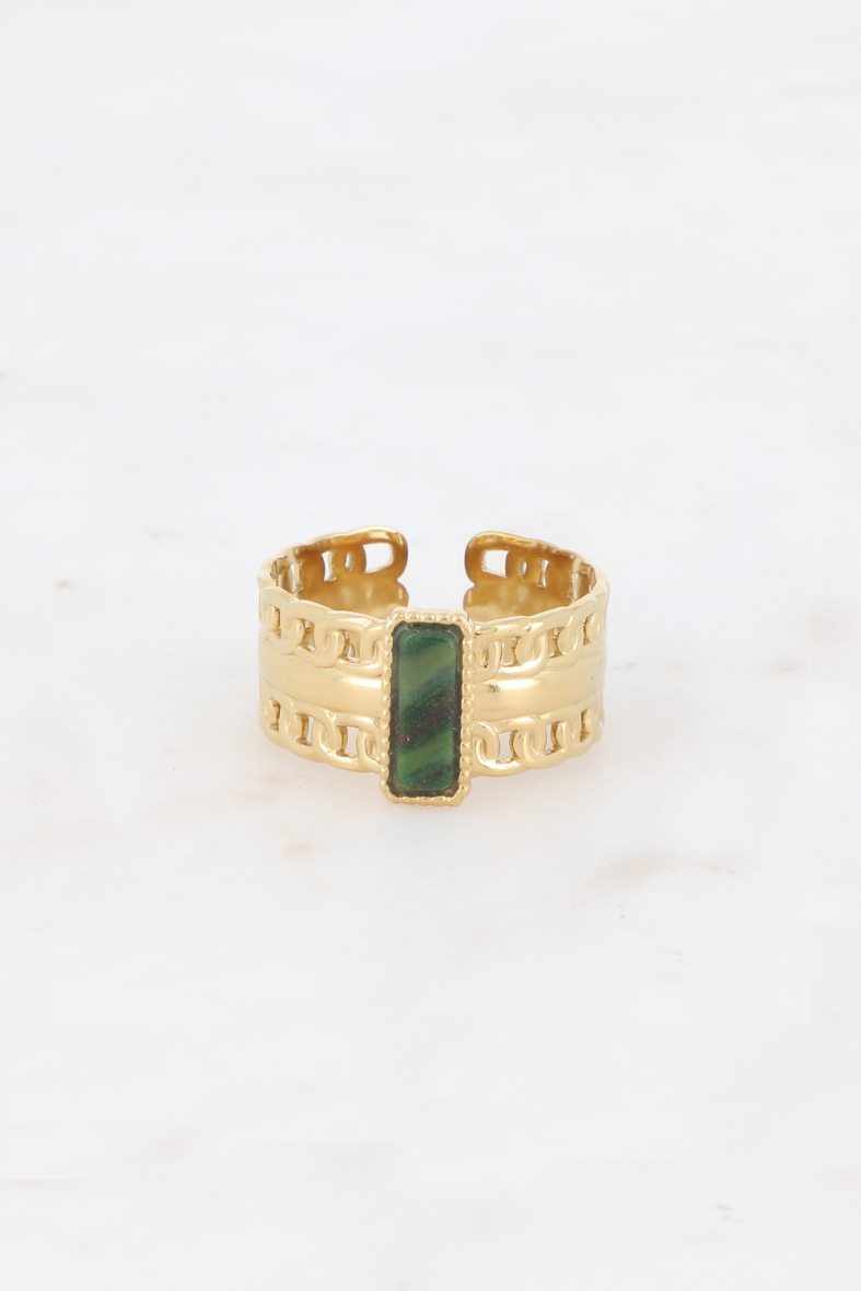 Bague Judith dorée avec maille texturée et pierre naturelle rectangulaire, bijou ajustable chic et tendance
