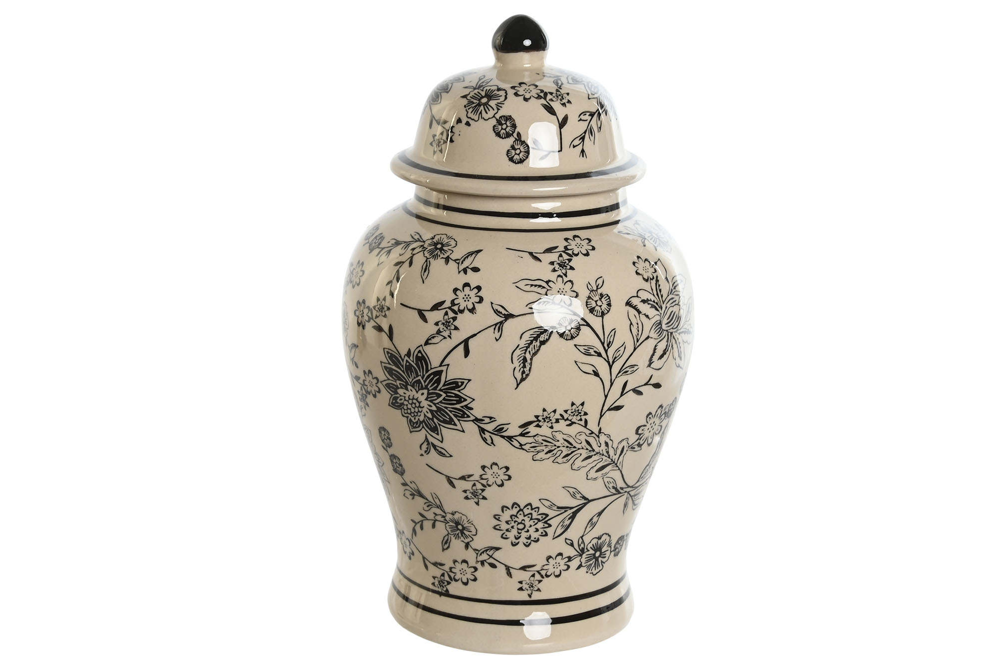 Vase Tibor en grès avec motifs floraux noirs élégants