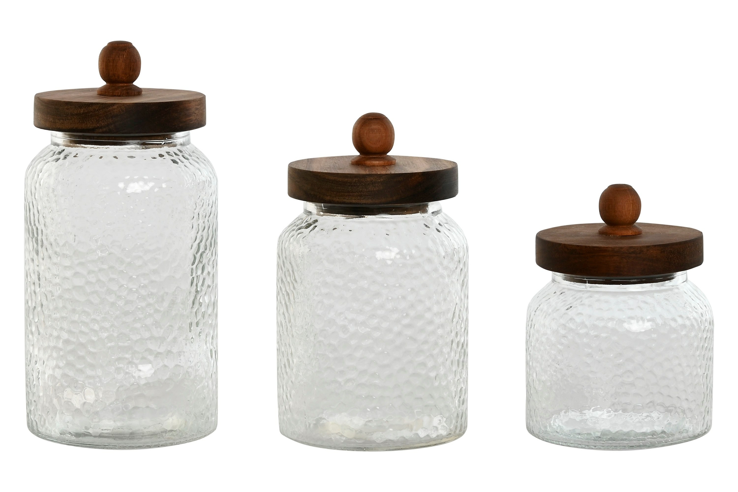 Pots en verre avec couvercles en bois d’acacia sur étagère