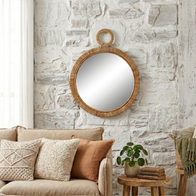 Miroir mural rond en rotin naturel décoration bohème chic