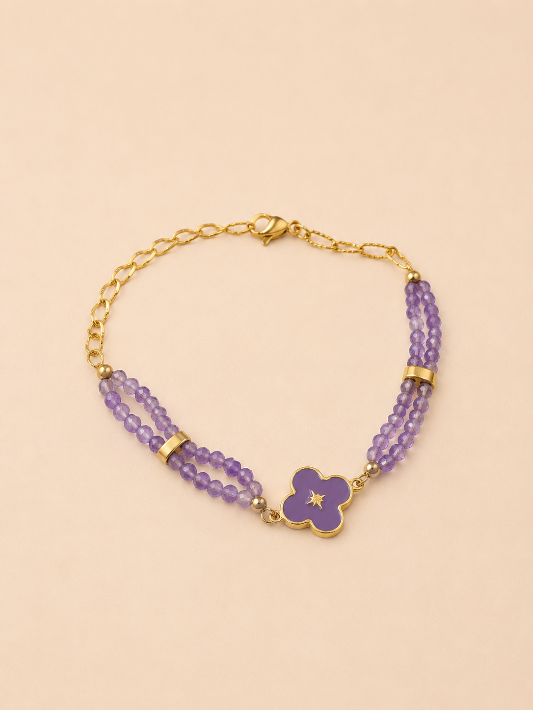 Bracelet Vahina violet lavande et doré avec pierres naturelles bohème chic
