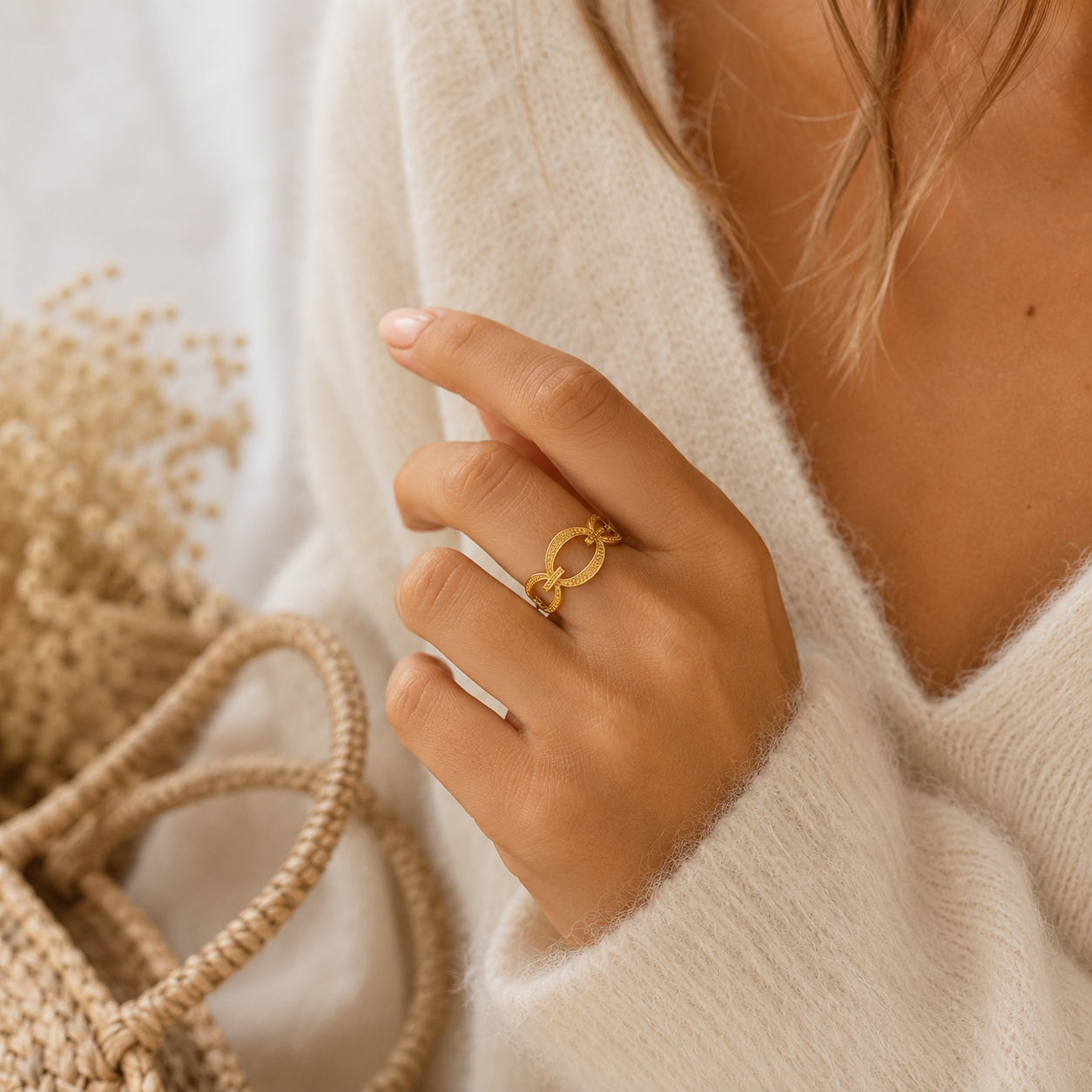 Main portant la bague Ohana dorée avec pull mohair beige dans une ambiance douce et naturelle – bijou femme Bella Cosa
