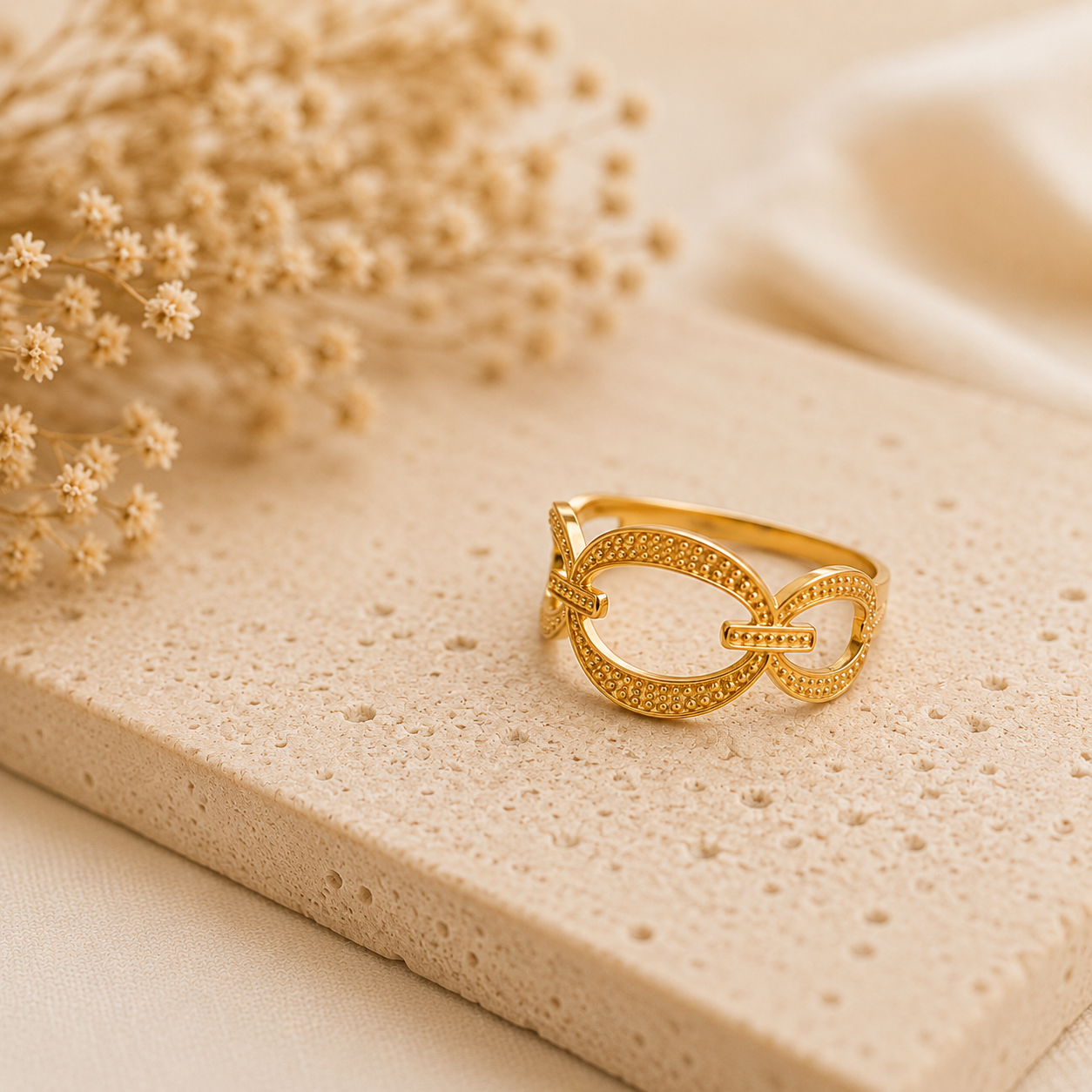 Bague Ohana dorée posée sur pierre naturelle beige avec ambiance chaleureuse et épurée – bague femme Bella Cosa