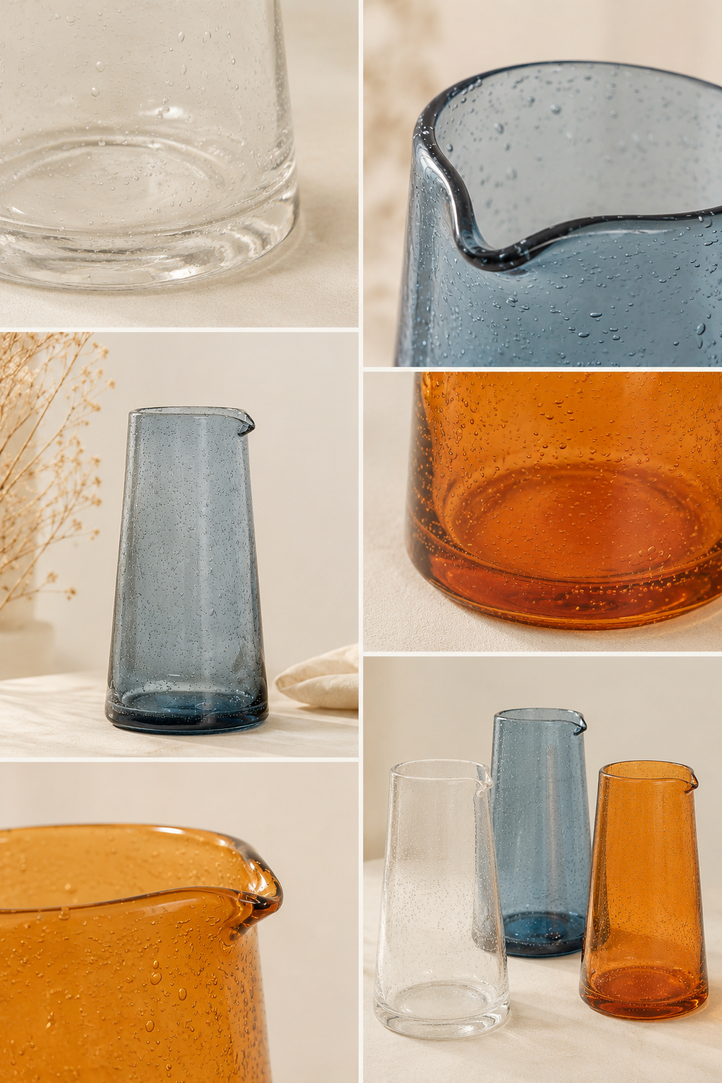 Détails des pichets en verre bullé artisanaux coloris transparent, bleu et orange dans une ambiance décoration naturelle et chaleureuse