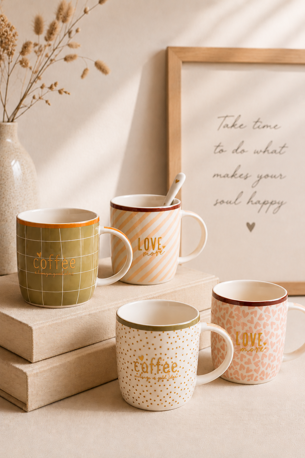 Mugs en porcelaine décoratifs avec détails dorés posés sur des livres en lin dans une décoration chaleureuse et minimaliste