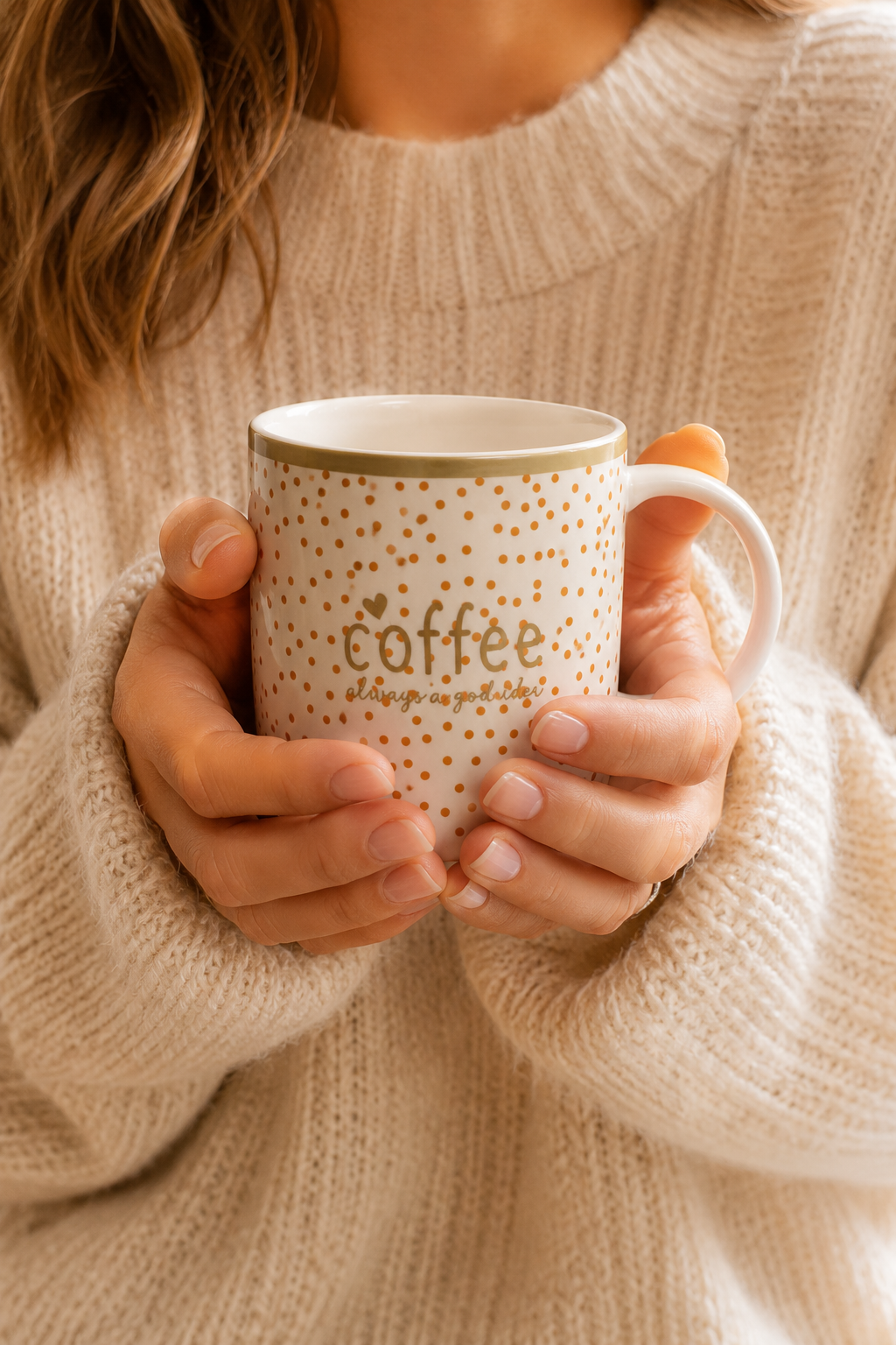 Femme tenant un mug Coffee en porcelaine à pois terracotta dans une ambiance cosy et chaleureuse