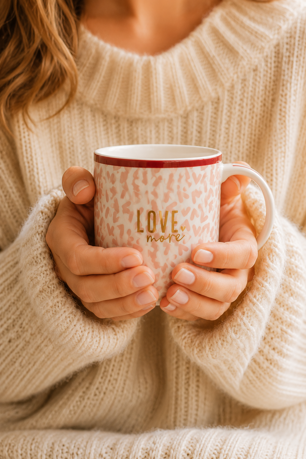 Femme tenant un mug Love More rose poudré dans une ambiance cosy et chaleureuse