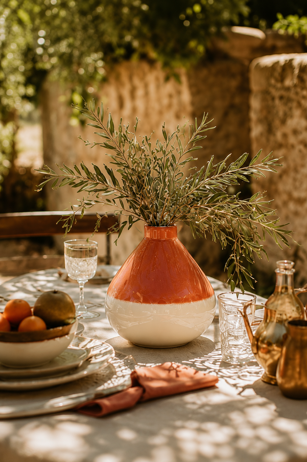 Vase en céramique terracotta et écru sur une table extérieure méditerranéenne ambiance dolce vita