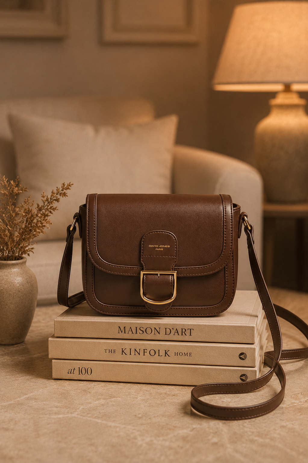 Sac bandoulière marron Amy en similicuir lisse posé sur des livres dans un intérieur cosy aux tons crème et caramel
