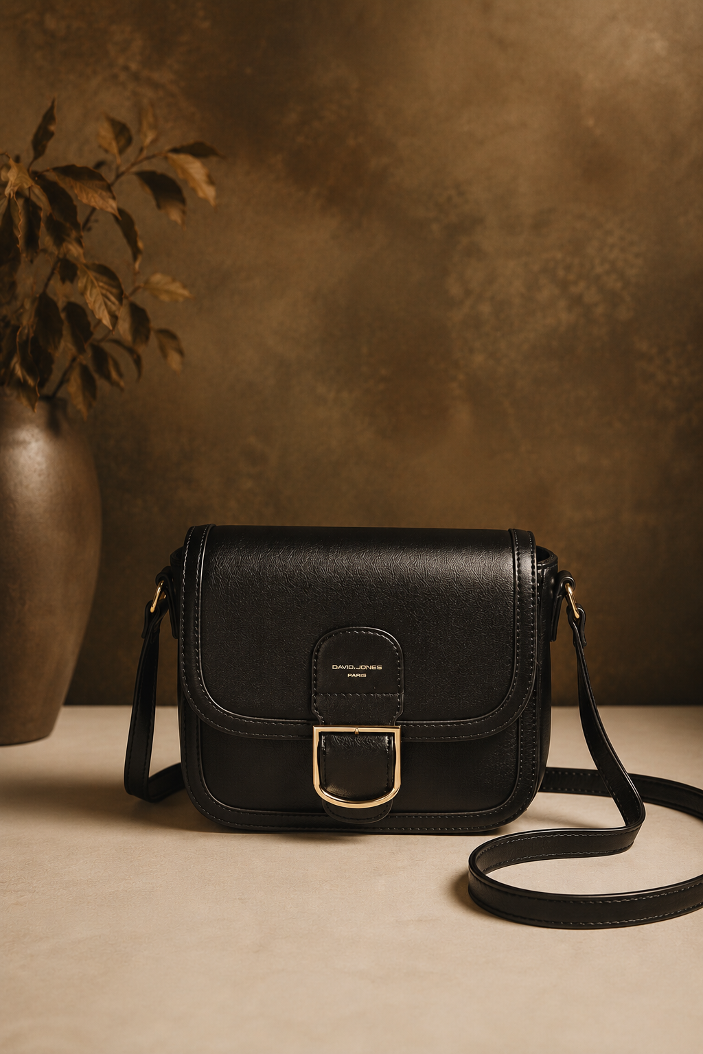 Sac bandoulière noir Amy en similicuir grainé avec boucle dorée vintage dans une ambiance élégante et chaleureuse style maroquinerie premium