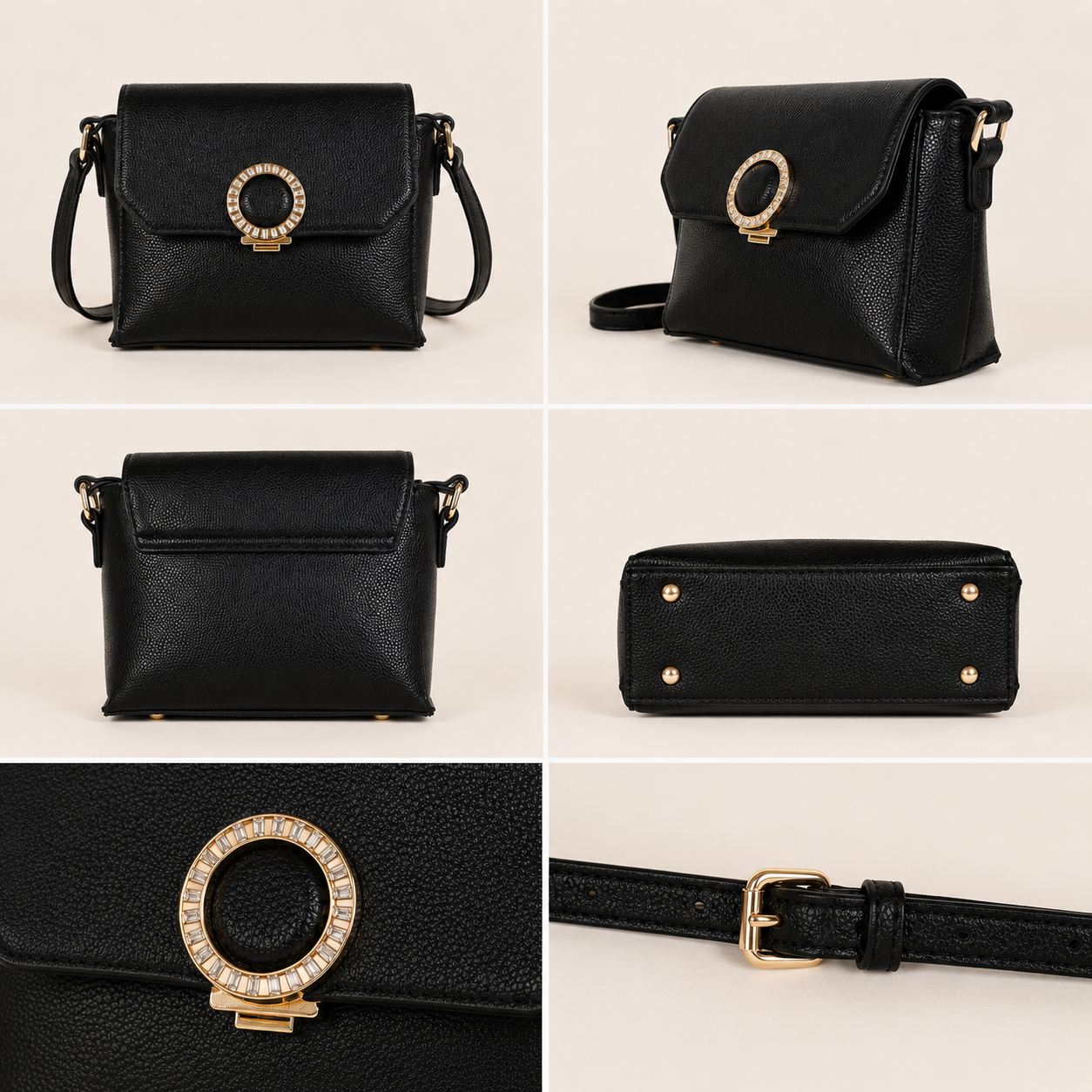 Vues détaillées du sac bandoulière noir Kacie en similicuir grainé avec fermoir bijou doré et finitions élégantes sur fond beige uni