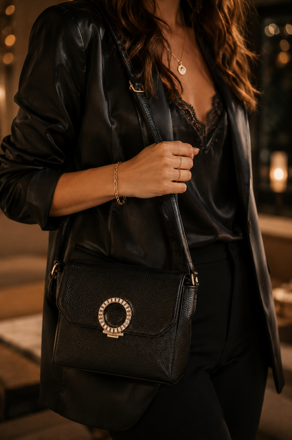 Femme portant le sac bandoulière noir Kacie en similicuir grainé avec fermoir bijou doré dans une ambiance chic et élégante de soirée