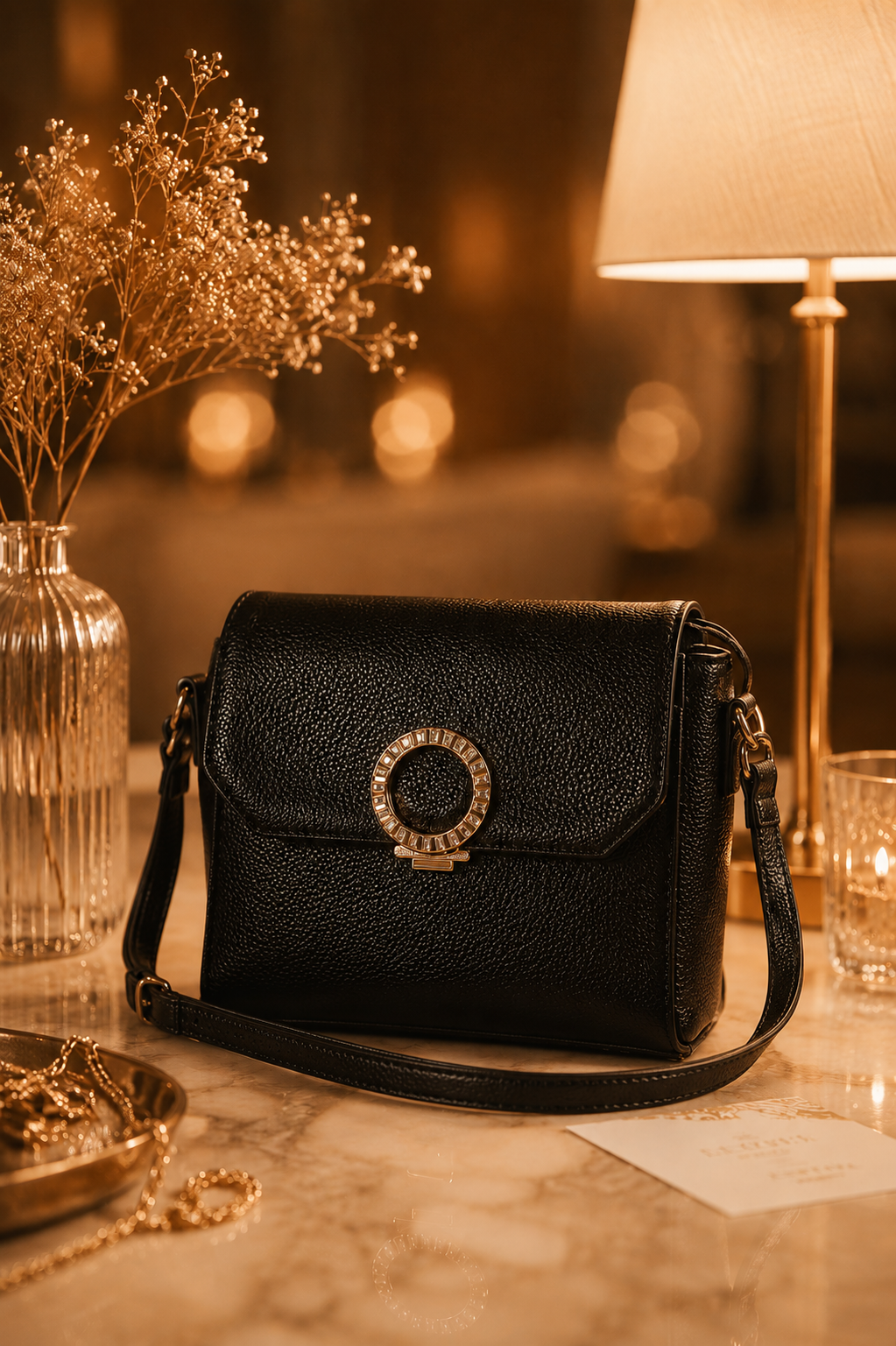 Sac bandoulière noir Kacie en similicuir grainé avec fermoir bijou doré dans une ambiance élégante et chaleureuse style soirée chic
