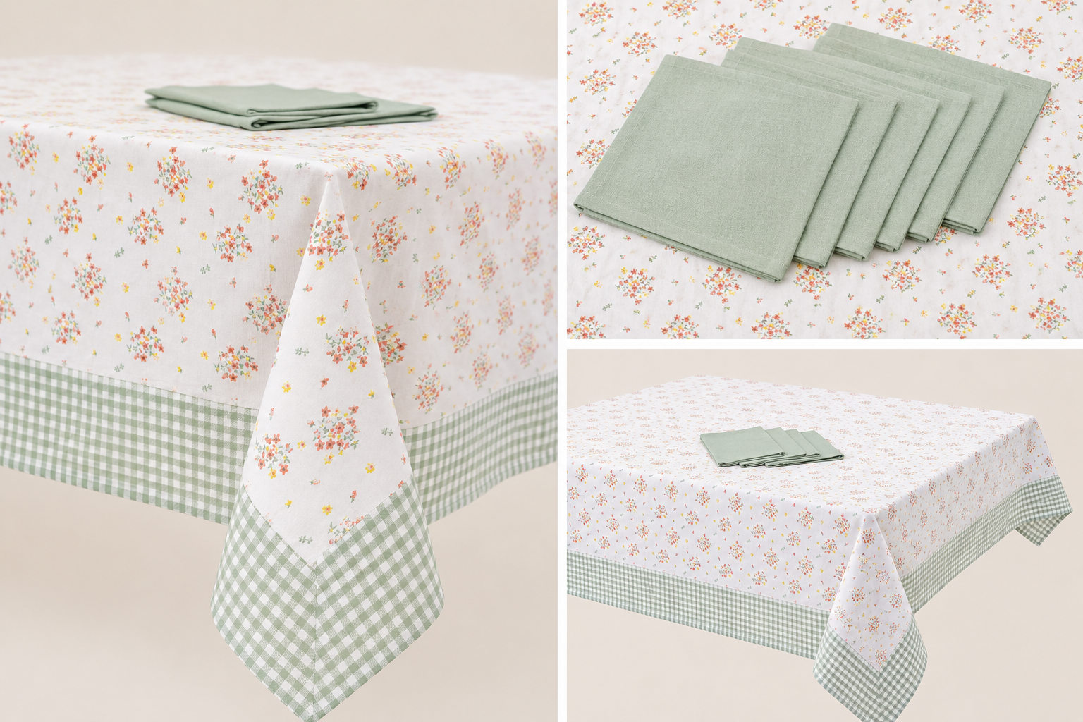 Collage de détails d’une nappe fleurie en coton avec finition vichy vert sauge et serviettes assorties sur fond uni lumineux et élégant