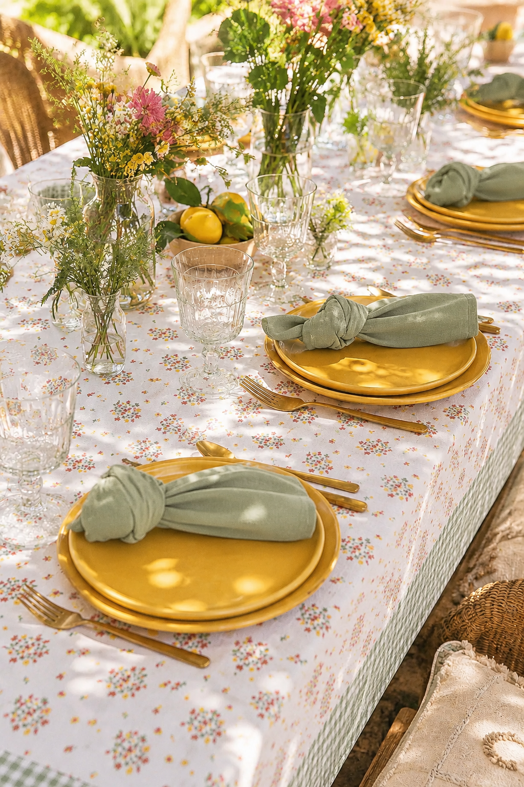 Table estivale élégante avec nappe fleurie en coton et serviettes vert sauge assorties dans une ambiance campagne chic lumineuse et chaleureuse