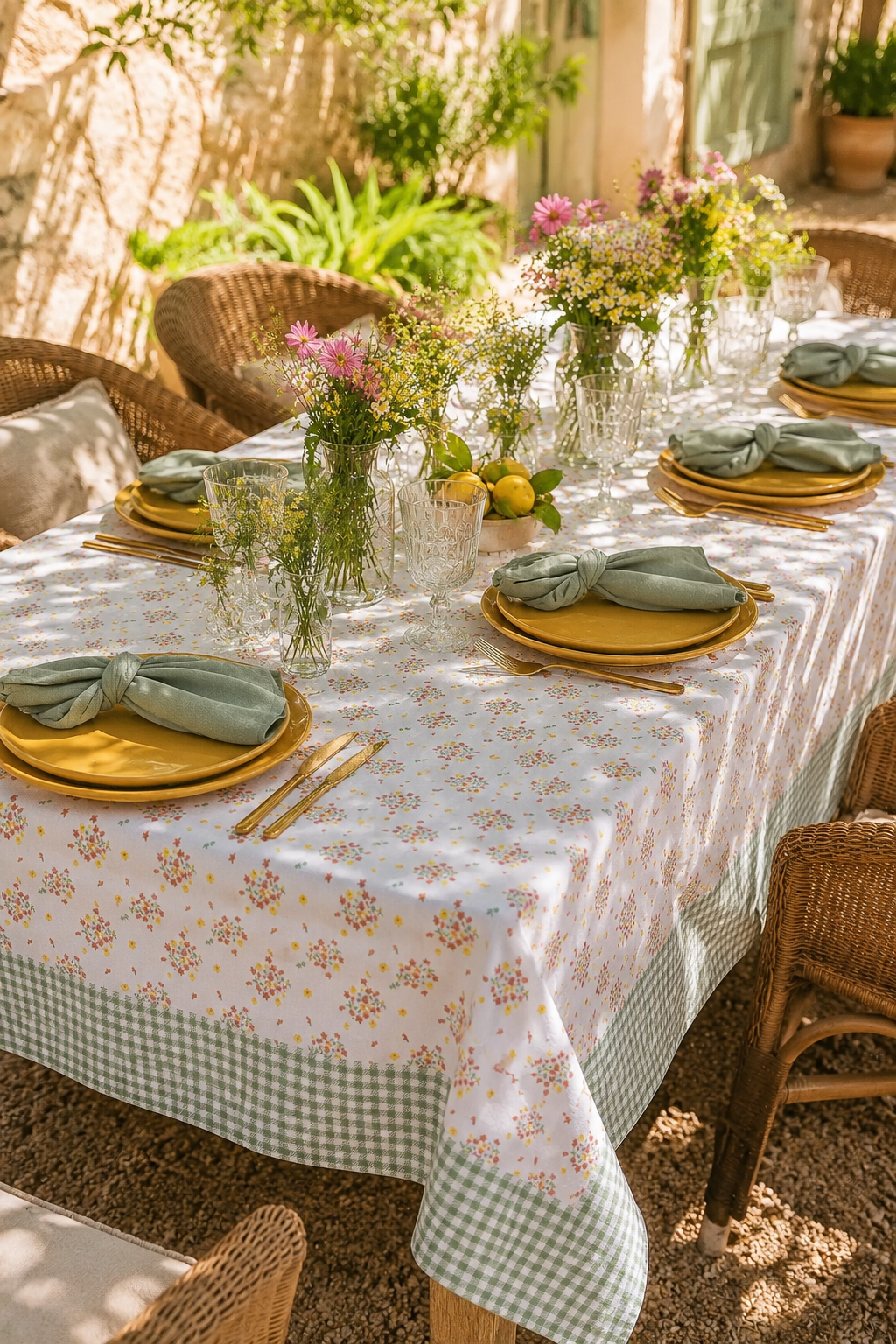 Grande table estivale avec nappe fleurie en coton finition vichy vert sauge et décoration art de la table campagne chic lumineuse