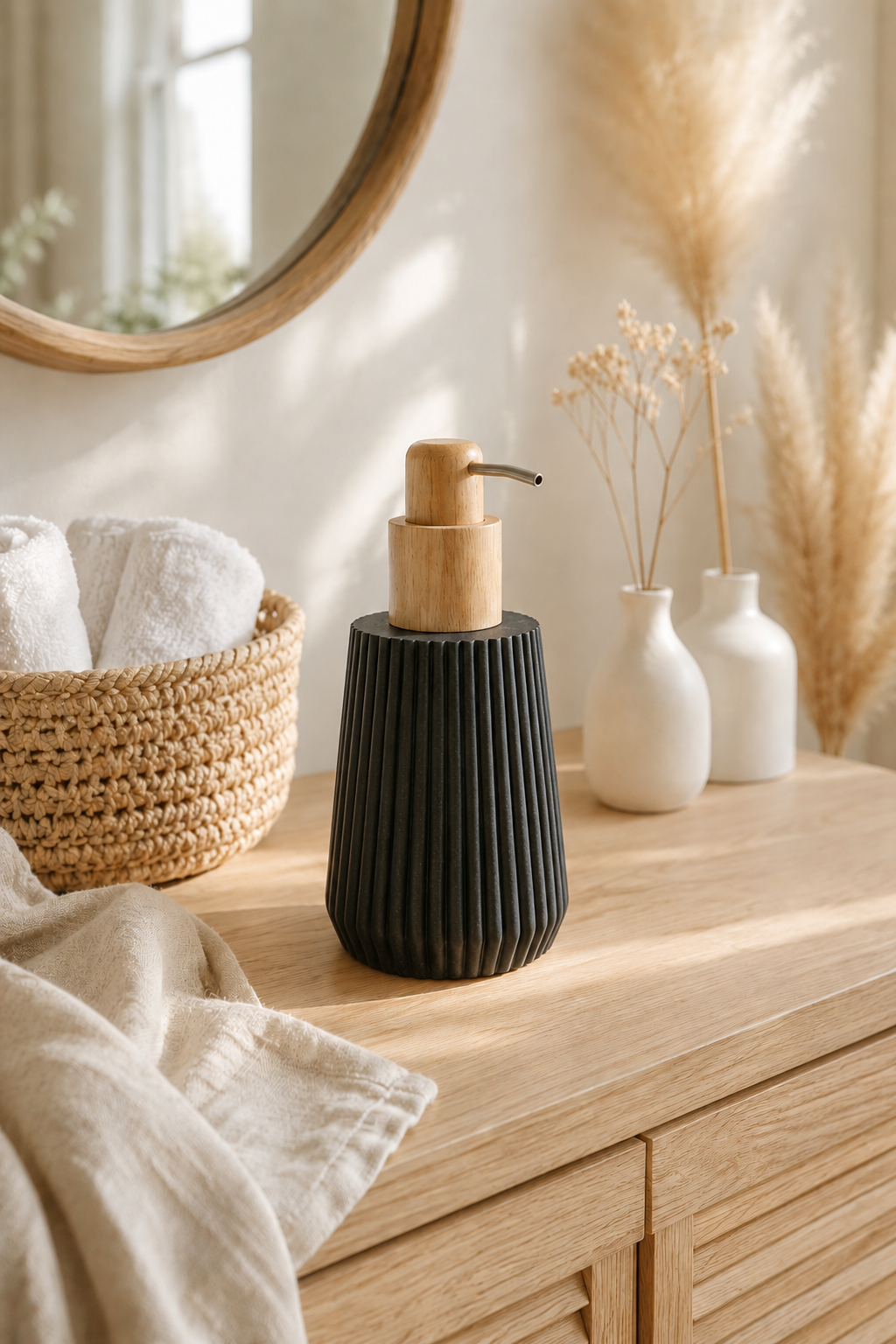 Distributeur à savon noir texturé avec pompe en bois naturel posé sur un meuble de salle de bain minimaliste en bois clair dans une ambiance chaleureuse et élégante style spa slow living