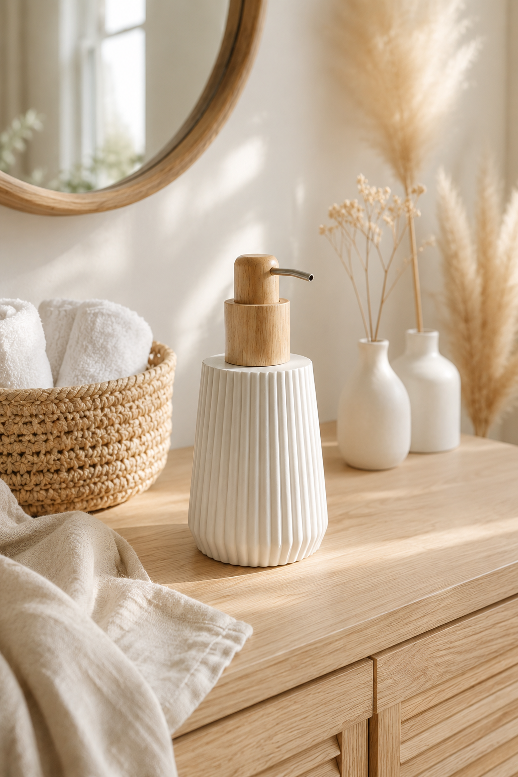 Distributeur à savon blanc texturé avec pompe en bois naturel posé sur un meuble de salle de bain minimaliste en bois clair dans une ambiance chaleureuse et élégante style slow living
