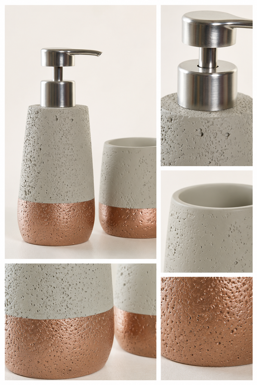 Détails du set de salle de bain beige minéral et cuivre rosé avec distributeur à savon et gobelet texturés sur fond uni dans un style élégant et minimaliste spa maison
