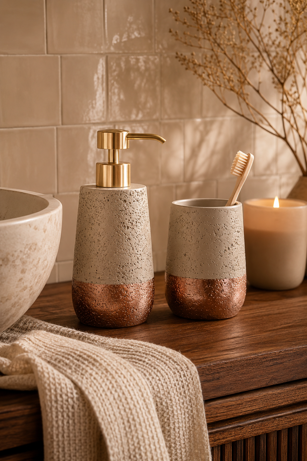 Set de salle de bain texturé beige minéral et cuivre rosé avec distributeur à savon et gobelet assorti dans une ambiance spa chaleureuse et élégante sur meuble en bois foncé
