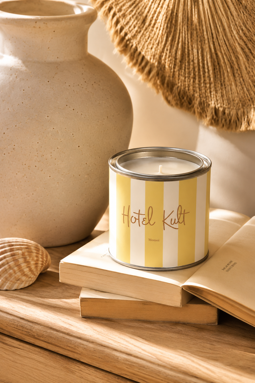 Bougie artisanale parfumée senteur monoï dans un pot style peinture rayé jaune et blanc posée sur des livres dans une décoration chaleureuse slow living
