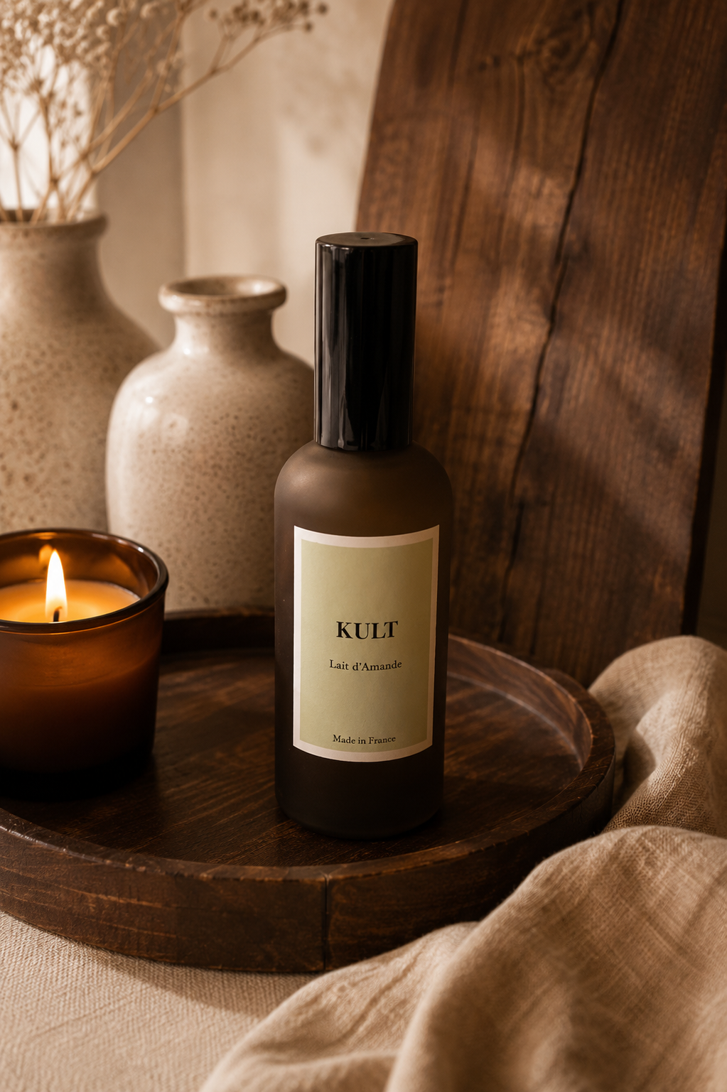 Parfum de maison senteur lait d’amande douce en verre ambré posé sur un plateau en bois foncé dans une décoration chaleureuse et naturelle slow living
