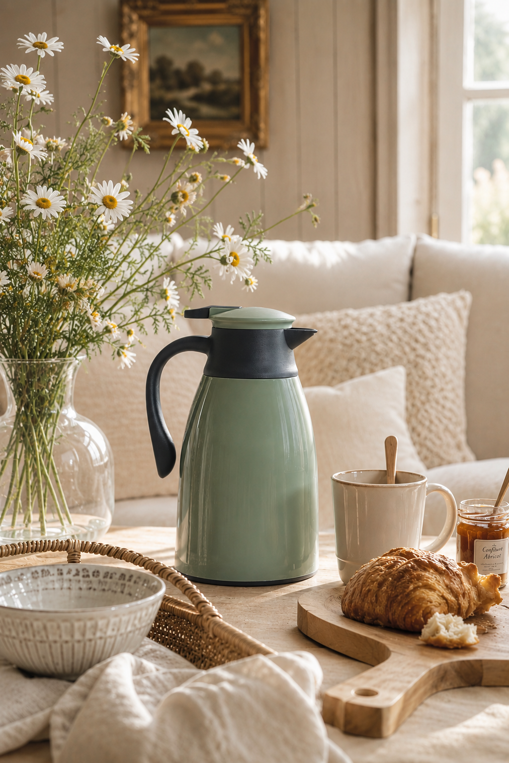 Thermos isotherme vert sauge sur table basse en bois clair dans un intérieur cosy avec pâquerettes naturelles, tasse en céramique et ambiance slow living élégante