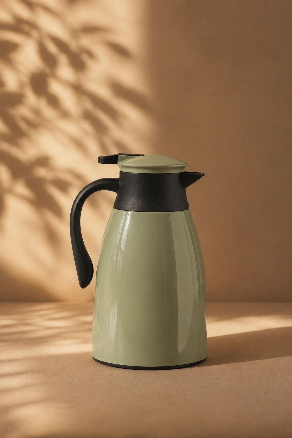 Thermos isotherme vert sauge sur fond uni beige chaud avec lumière naturelle tamisée et ambiance cosy premium inspirée du slow living et de la décoration scandinave chaleureuse