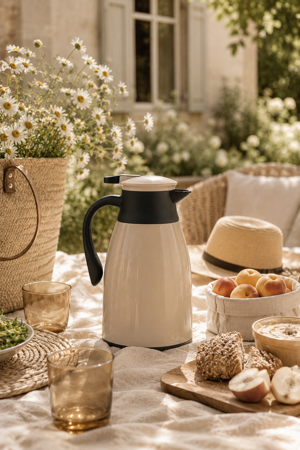 Thermos isotherme beige naturel dans une ambiance pique-nique élégante au jardin avec pâquerettes, textile en lin, verres ambrés et décoration slow living chaleureuse