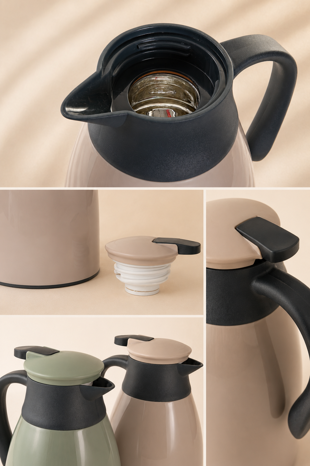 Détails du thermos isotherme beige et vert sauge avec vue intérieure, bouchon hermétique, poignée ergonomique et finitions design dans une ambiance minimaliste chaleureuse et premium