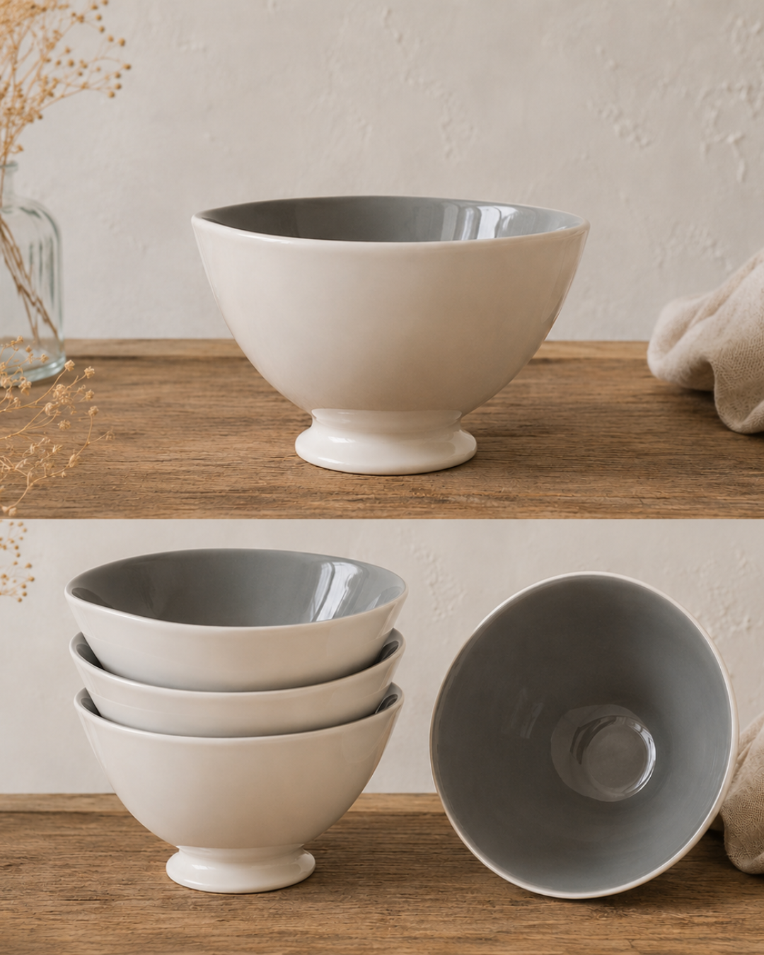 Bol en faïence blanc avec intérieur gris taupe présenté dans une ambiance naturelle et chaleureuse