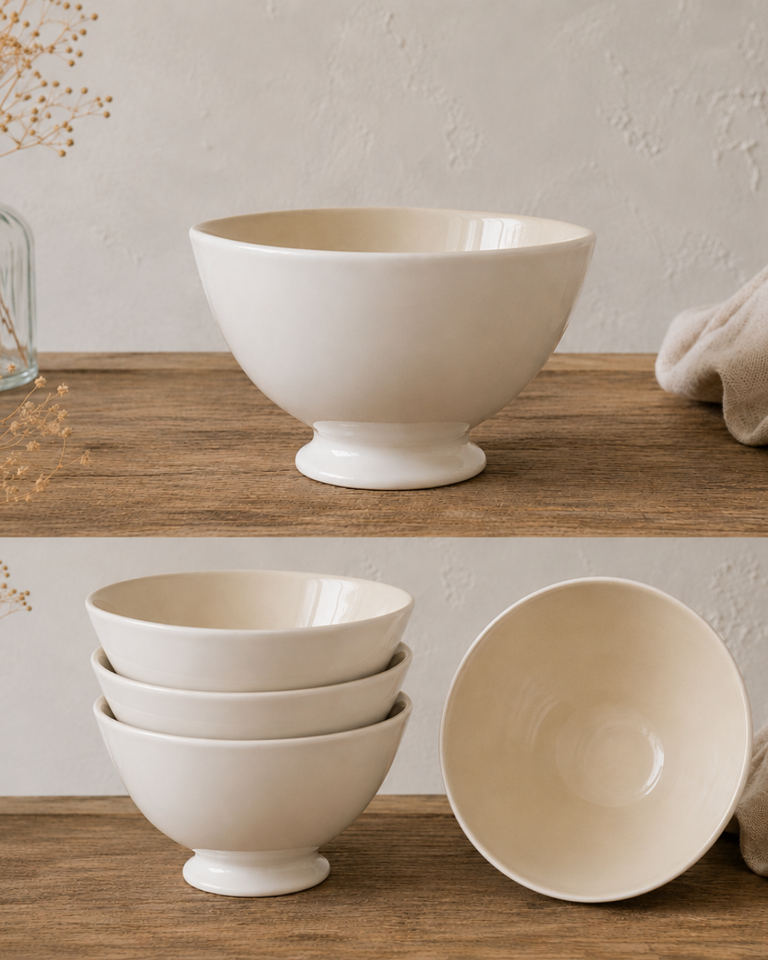 Bol en faïence blanc avec intérieur ivoire présenté dans une ambiance naturelle et chaleureuse sur table en bois