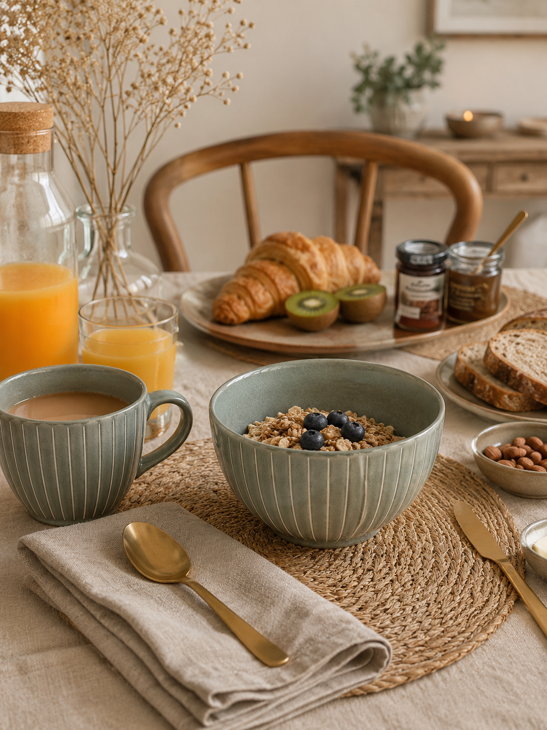 Bol en grès vert sauge à rayures blanches présenté sur une table de petit-déjeuner chaleureuse et conviviale