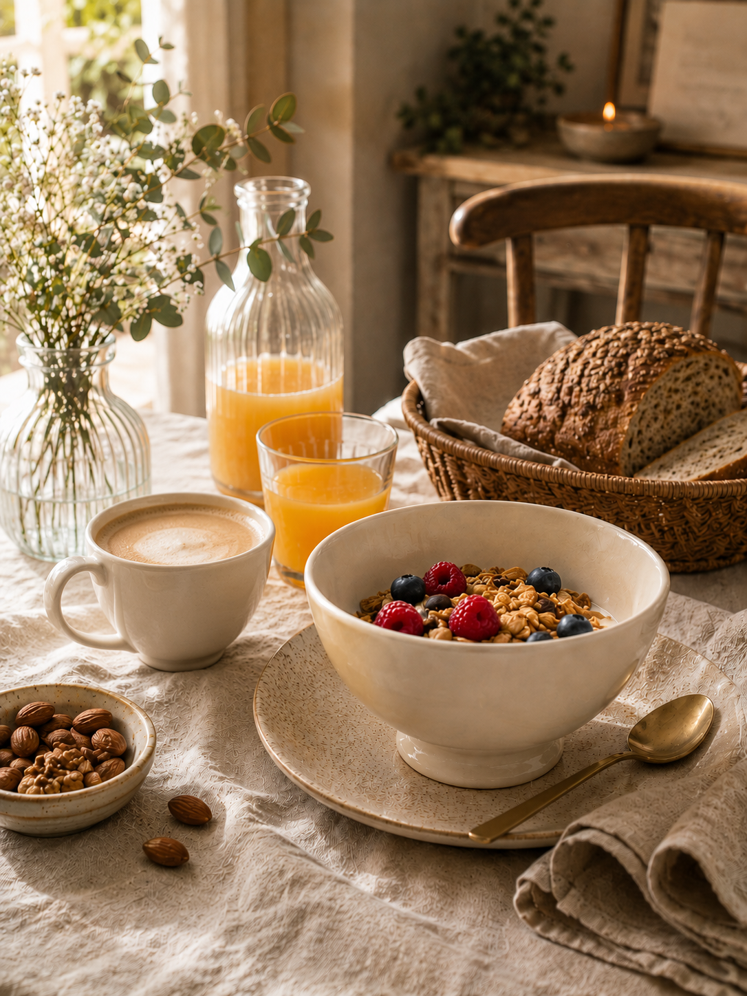 Bol en faïence ivoire présenté sur une table de petit-déjeuner chaleureuse avec café mousseux, jus dorange, pain artisanal et fruits rouges