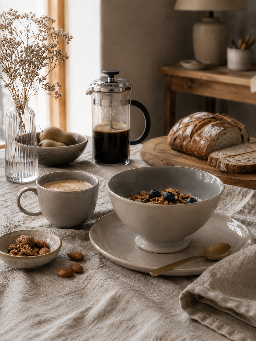 Bol en faïence gris taupe sur une table de petit-déjeuner chaleureuse