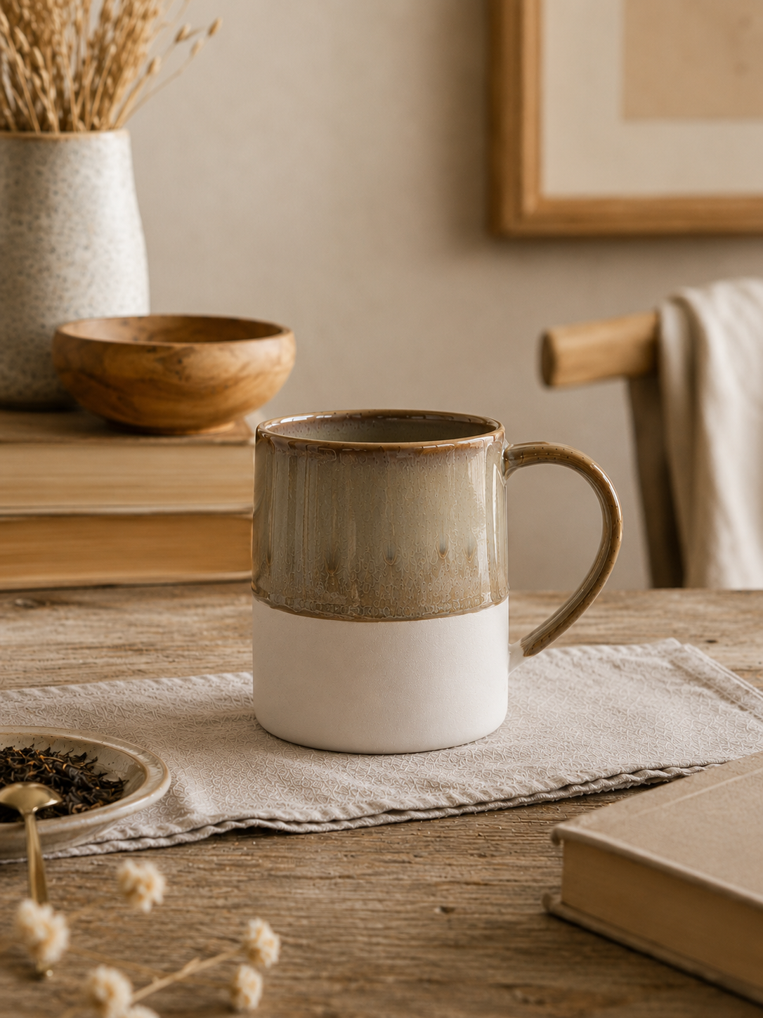 Mug en grès Arya beige et blanc en finition émaillée et mate, posé sur une table en bois dans une ambiance chaleureuse et naturelle pour le café ou le thé.