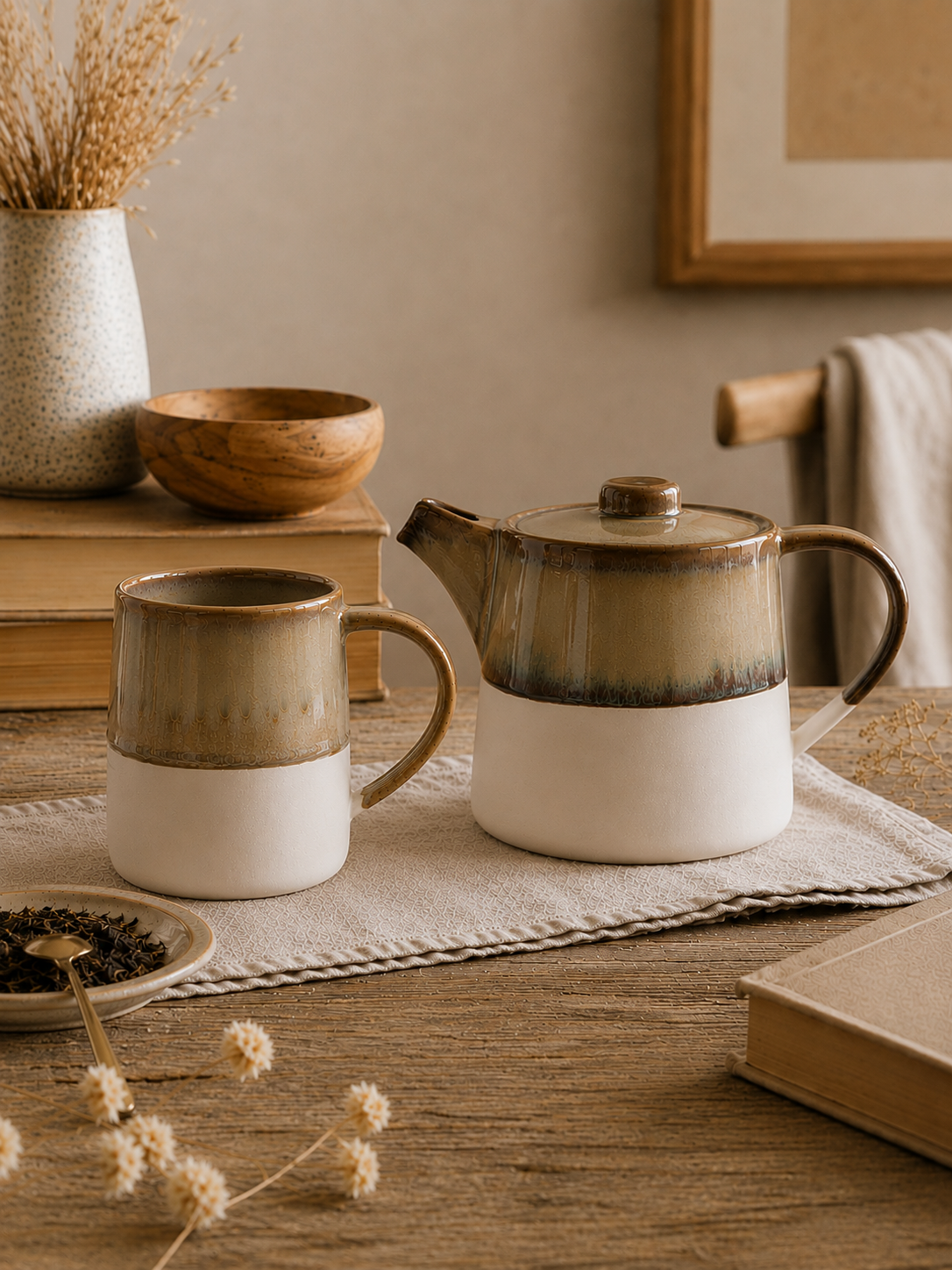 Mug et théière Arya en grès émaillé et grès brut dans une ambiance chaleureuse, sur une table en bois naturel pour un moment thé ou café.