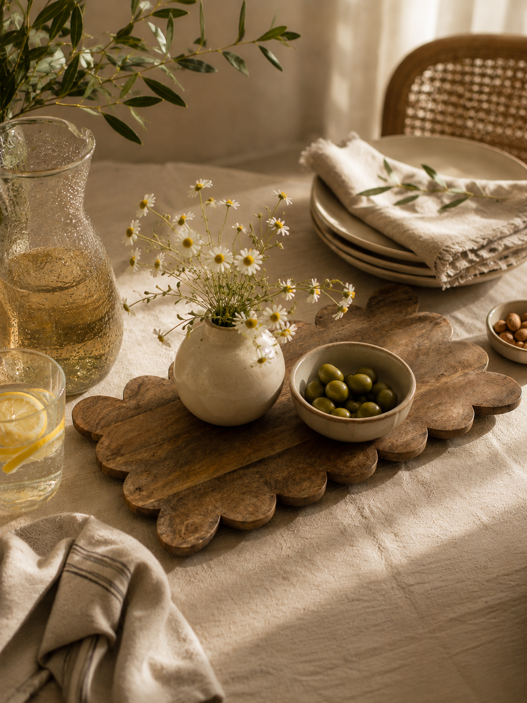 Plateau de service en bois de manguier sculpté à la main présenté sur une table chaleureuse avec carafe en verre, vaisselle en céramique et linge en lin naturel.