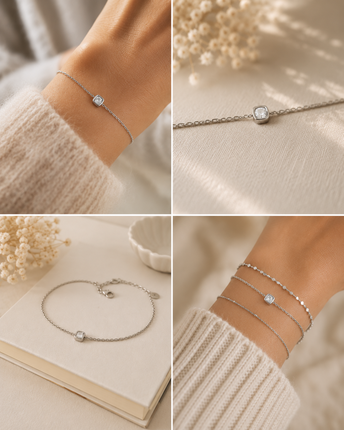 Bracelet Lou argenté en acier inoxydable avec cristal carré porté au poignet