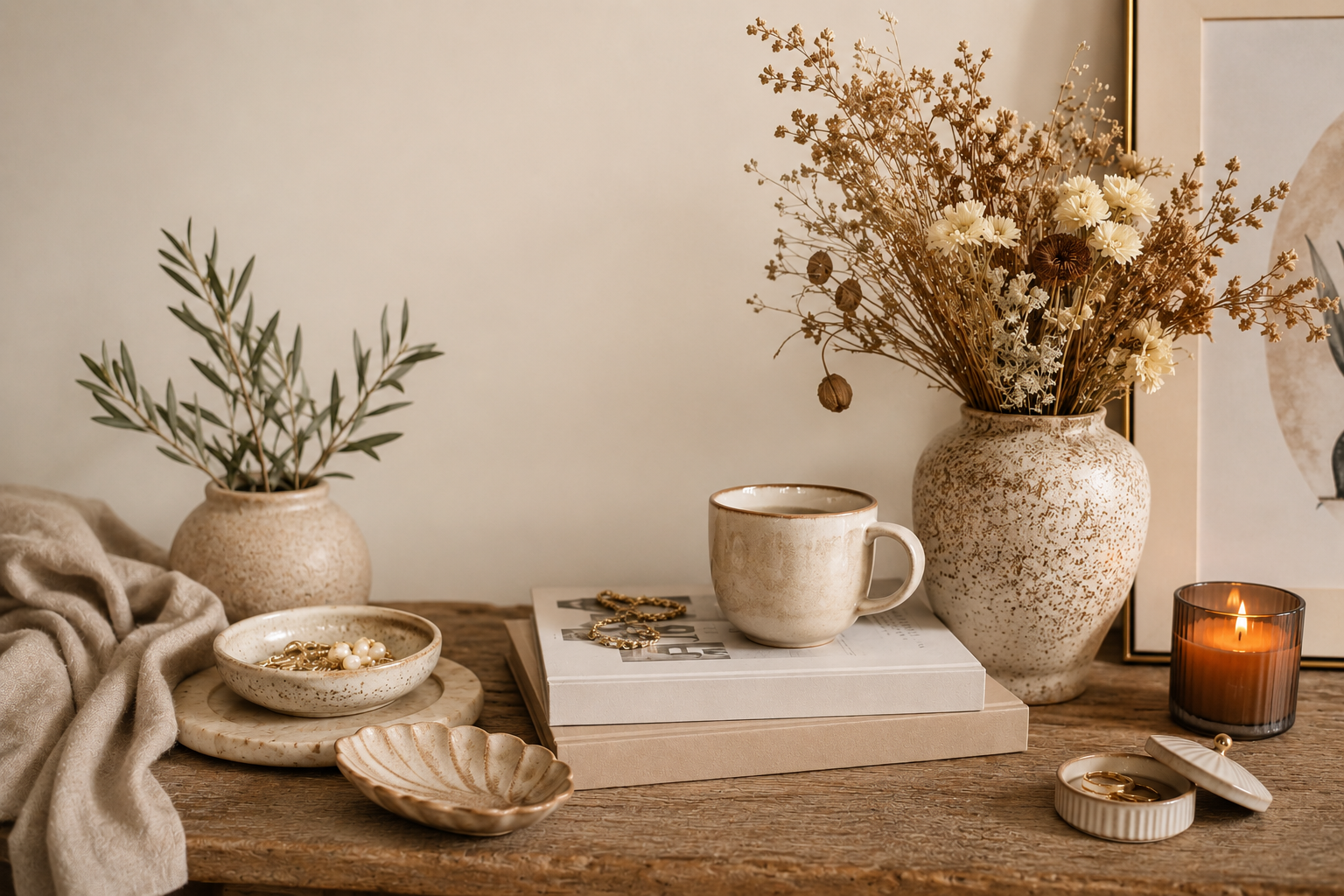 ambiance art de vivre chaleureuse bella cosa avec decoration naturelle bijoux dores et objets du quotidien dans un interieur elegant aux tons beige et creme