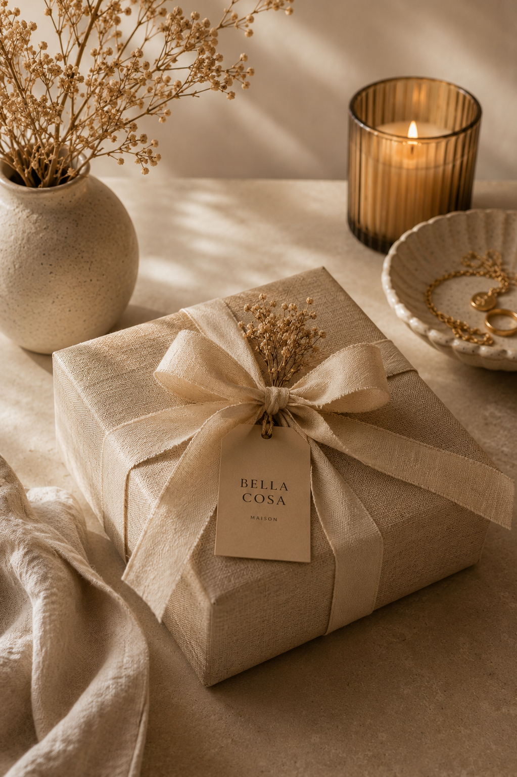 ambiance idees cadeaux bella cosa avec coffret elegant beige bijoux dores et decoration chaleureuse aux tons naturels
