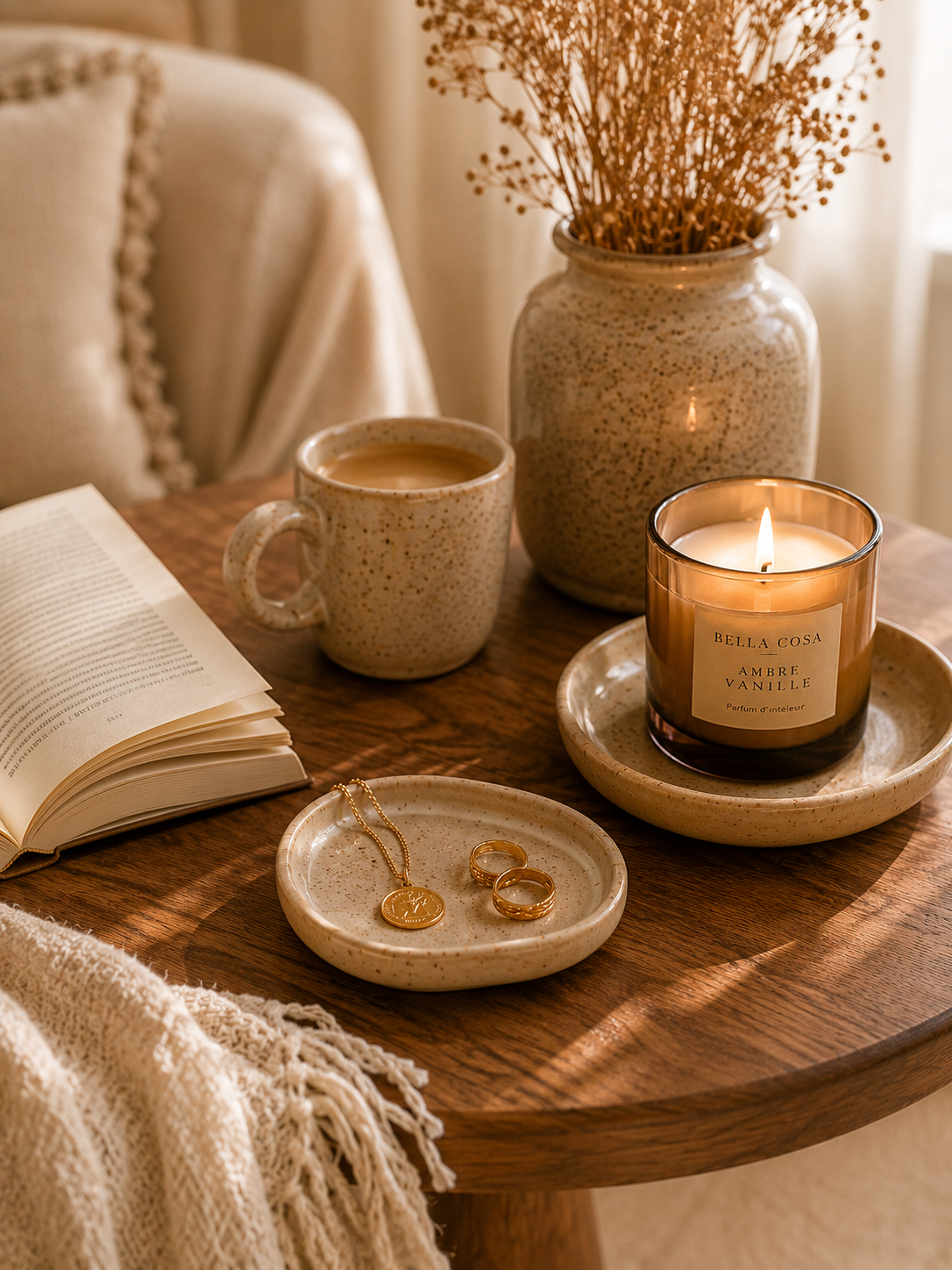 ambiance cosy bella cosa avec bougie parfumee bijoux dores tasse en gres et livre dans une decoration chaleureuse aux tons naturels