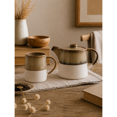 Mug et théière Arya en grès émaillé et grès brut dans une ambiance chaleureuse, sur une table en bois naturel pour un moment thé ou café.