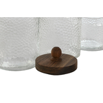 Détail pots en verre strié avec couvercle bois naturel